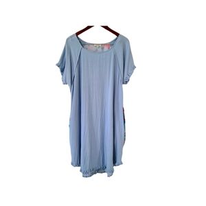 Umgee Linen Blend Blue Floral Animal print mixed media fringe dress Size 2X
